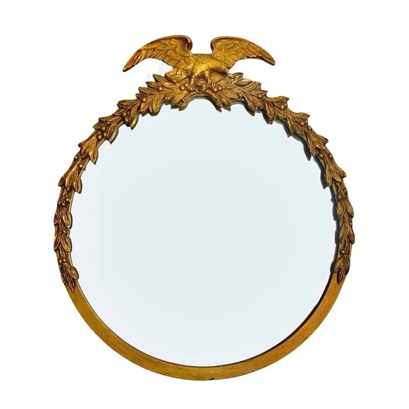 Mirror Vintage Round Gilt Wood Frame with Federal Eagle on Top and Carved Wreath - Picture 1 of 6